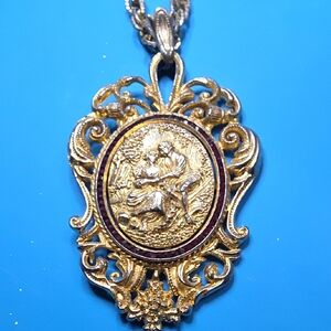 Gold-Tone Medallion Pendant Necklace with Burgundy Enamel Accent